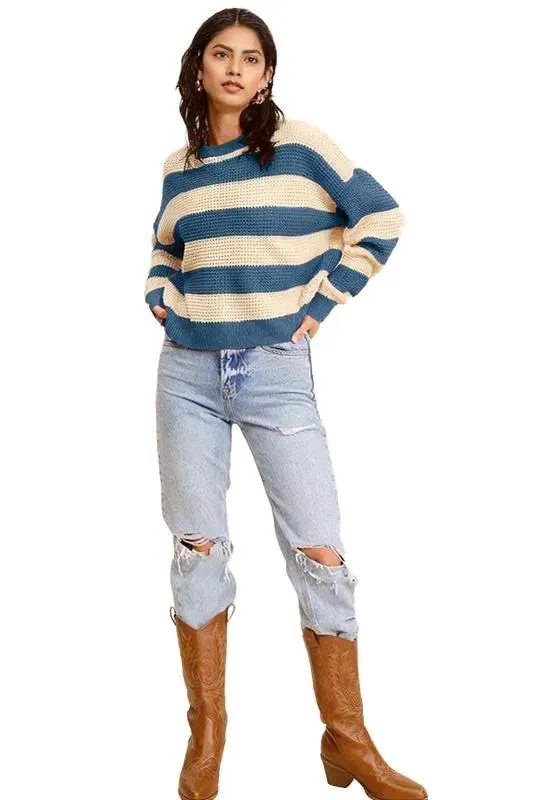 Striped Round Neck Loose Fit Sweater