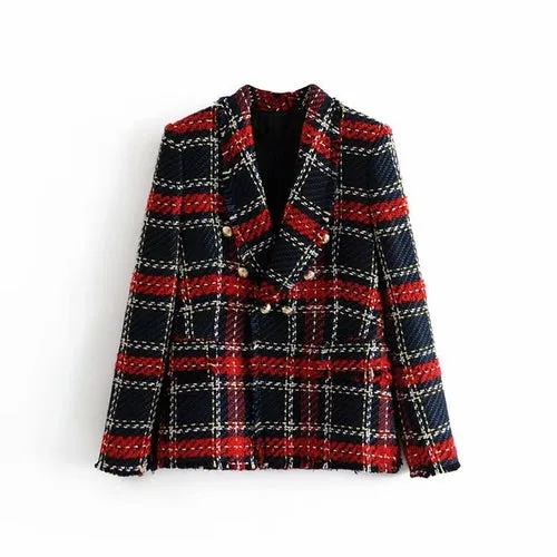 Vintage Women Red Plaid Tweed Blazer Coat Elegant