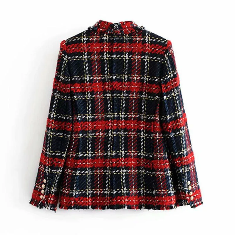 Vintage Women Red Plaid Tweed Blazer Coat Elegant