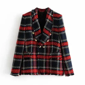 Vintage Women Red Plaid Tweed Blazer Coat Elegant