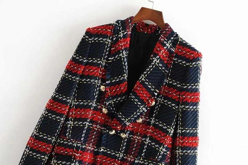 Vintage Women Red Plaid Tweed Blazer Coat Elegant